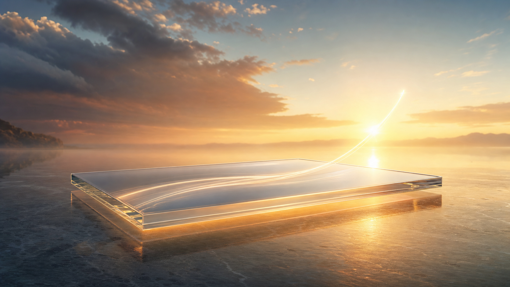 A glass substrate resting in the dawn light, symbolizing the long-term outlook and lessons of FOPLP