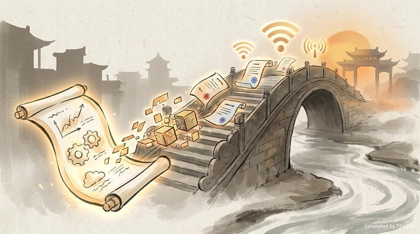 从想法到交付的视觉隐喻:设计蓝图跨越桥梁,轉化为可发布成果