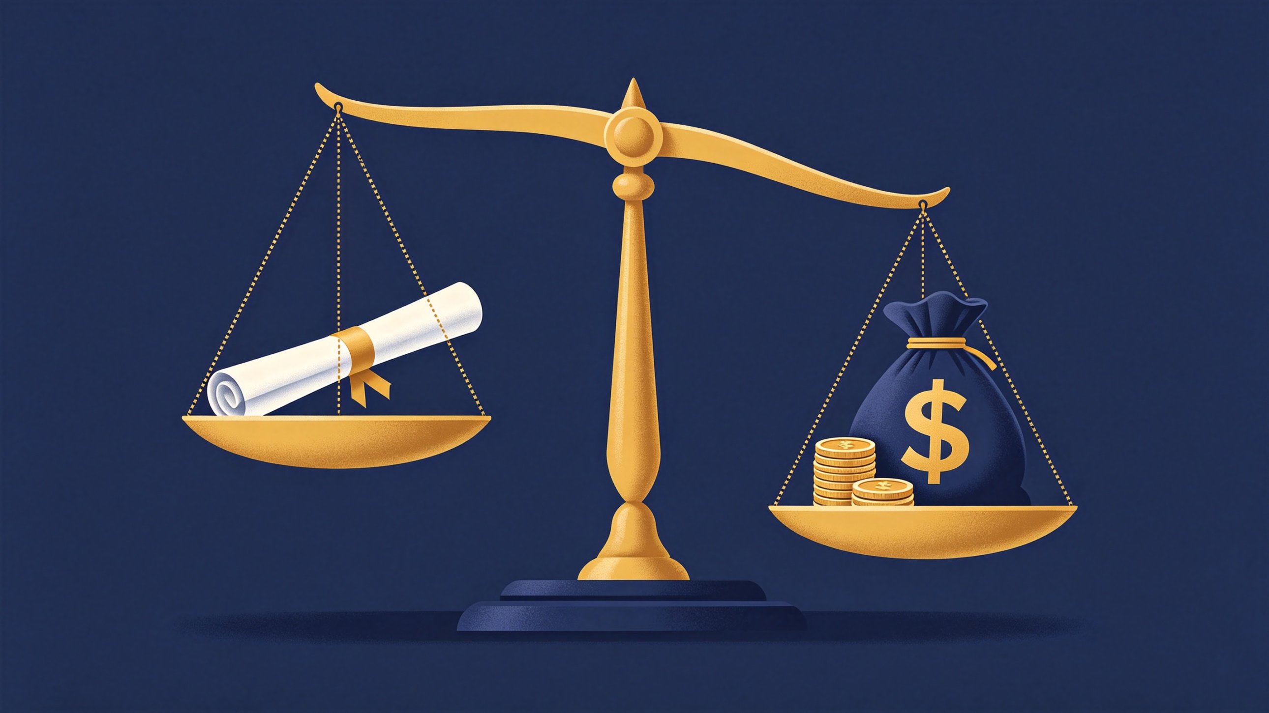 Balance scale comparing diploma and money